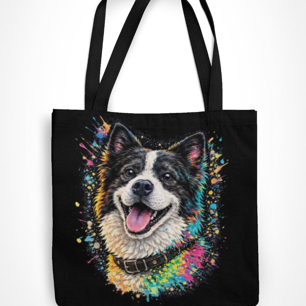 Neon Pop Art Dog Tote Bag – Black Canvas Streetwear Shoulder Bag